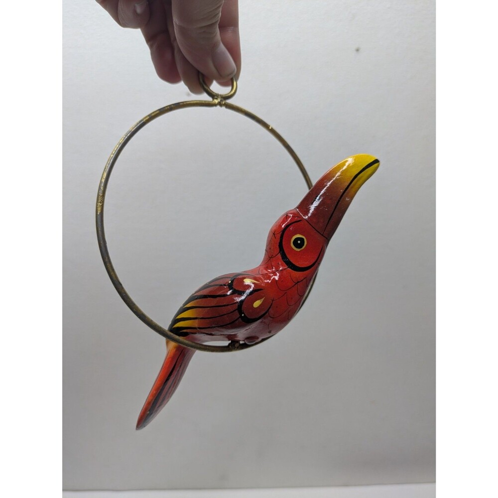 Mexico Toucan Tropical Bird Hanging Folk Art Vintage Metal Ring Boho Tiki